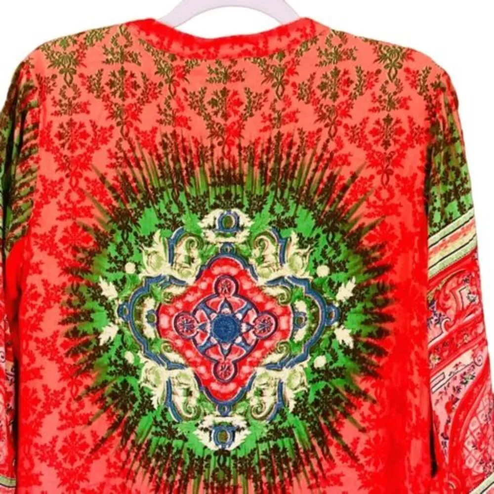 NWT Indian Kurta Kurti Lagi Red Floral Relaxed Long-Line Tunic Blouse Top — SZ M